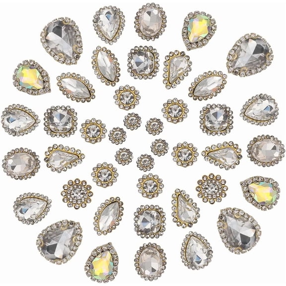 100PCS 10 Styles Sew on Rhinestones Mixed Shapes Claw Gold Prong Setting Glass Sewing Buttons Flatback Fancy Stone Gems with 4 Holes