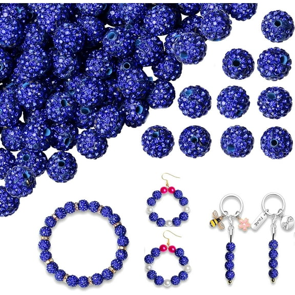 100PCS 10mm Rhinestone Beads for Jewelry Making,Dark Blue Sparkle Crystal Clay Beads for Crafting,Shamballa Diamond Beads Bulk,Disco Ball Beads for Pens Bracelets Earring Baseball Necklace