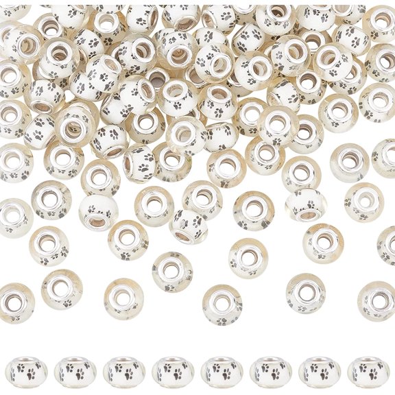 100PCS 14MM White Acrylic Dog Paw Print Large Hole European Beads Rondelle Shaped for Jewelry Making White
