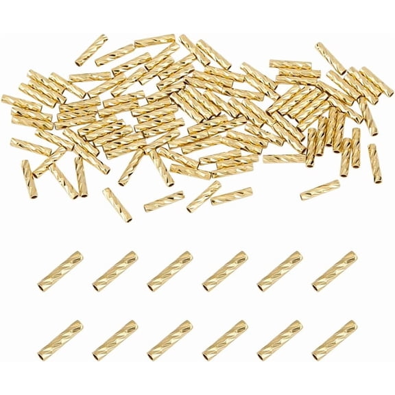 100PCS 14k Gold Plated Filled Tube Beads Small Bead 71.5mm Textured Long Tube Seed Charm Gold Loose Spacer Beads for Jewelry Making DIY Earring Bracelets Necklace Crafts Real 14K Gold