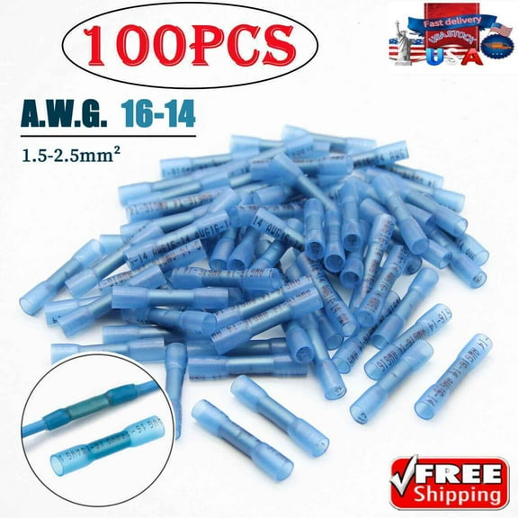 100PCS 16-14 AWG Blue Heat Shrink Crimp Terminals Kit Butt Cable Wire Connectors