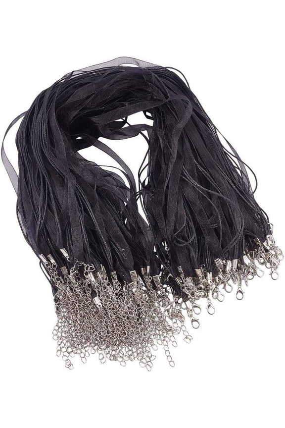 100PCS 17.7" Multi-Strand Ribbon Necklace Cord with 3 Loops Waxed Cord Organza Ribbon Alloy Lobster Claw Clasps Chains for Necklace Making-Black for DIY