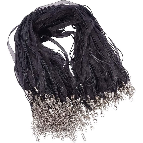 100PCS 17.7" Multi-Strand Ribbon Necklace Cord with 3 Loops Waxed Cord Organza Ribbon Alloy Lobster Claw Clasps Chains for DIY Necklace Making-Black