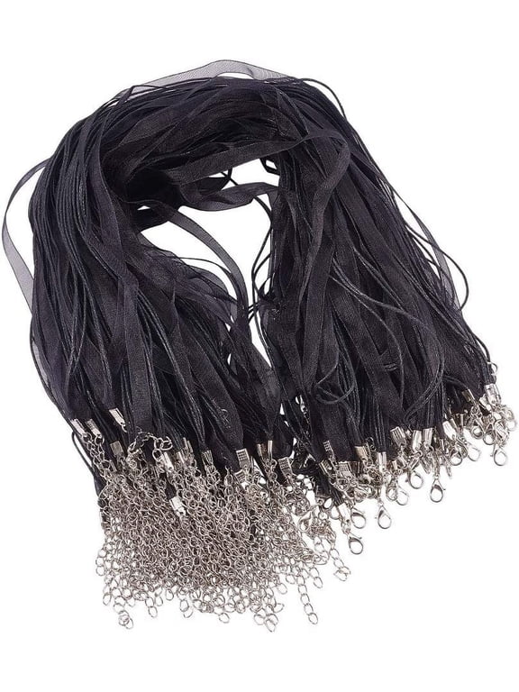 100PCS 17.7" Multi-Strand Ribbon Necklace Cord with 3 Loops Waxed Cord Organza Ribbon Alloy Lobster Claw Clasps Chains for DIY Necklace Making-Black
