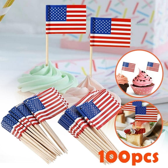 100PCS 2.5 Inch US Flag Wooden Food Picks, Birch Wood Cupcake Toppers Cocktail Toothpicks, Food Grade Safe Decor for Sandwiches Appetizers Burgers Party Festival Supplies