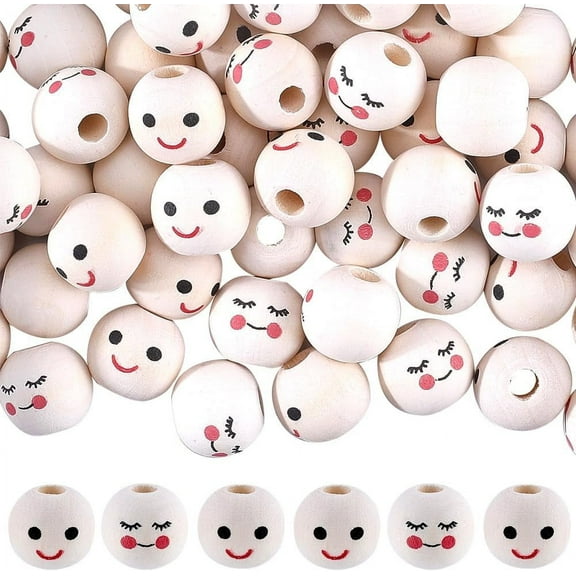 100PCS 2 Styles 18MM Spacer Wooden Beads Smiling Face 4MM Large Hole Ball Natural Large Round Bulk Smile Face Doll Head Beads for Jewelry Making DIY Craft Project Holiday Festival Decor DIY