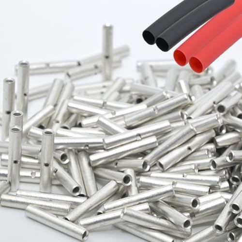 100PCS 26-22 Gauge Non Insulated Butt Connectors 26-22 AWG Uninsulated Butt Splices Tinned Copper Marine Grade Seamless Barrel Crimp Butt Splice Terminals & 100PCS 3:1 Adhesive Lined Heat Shrink