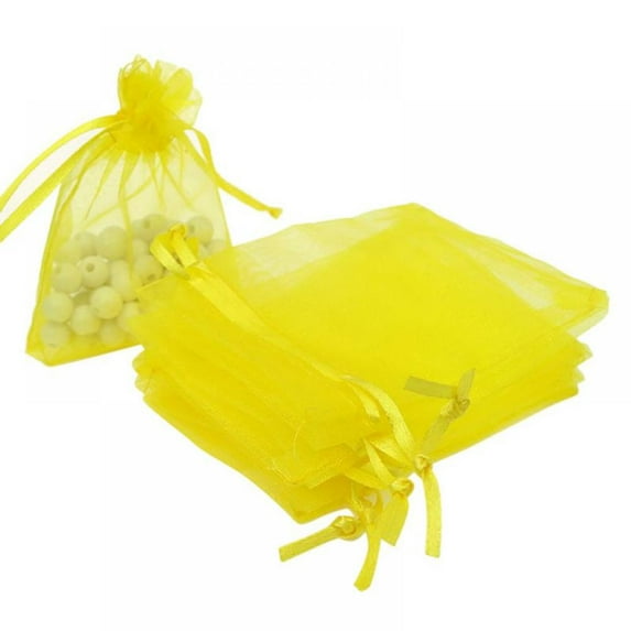 100PCS 3.54x2.76" (9x7cm) Sheer Drawstring Gift Bags, Black Organza Wedding Party Favor Pouches Jewelry Christmas Festival Gift Bags Yellow