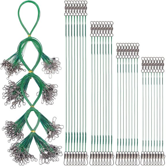 100PCS 4 Sizes Black Steel Fishing Wire Leaders Fishing Line Wire Leaders with Swivels and Snaps for Freshwater Saltwater Fishing Green