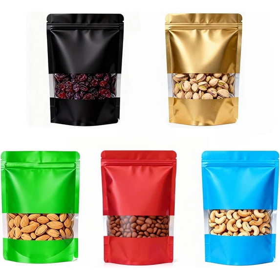 100PCS 5 Colors Matte Window Mylar Bags 5.5"×7.8", Smell Proof Zipper Foil Pouches for Candy Food Packaging