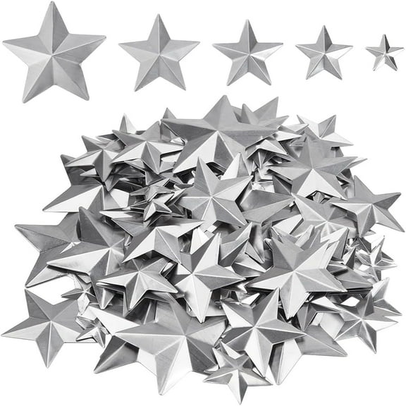 100PCS 5 Sizes Galvanized Small Metal Barn Star Vintage Rustic Star Ornament Three Dimensional Christmas Tree Star for Hanging Wall Holiday Wreath Decor Craft Project Supply Handmade Platinum