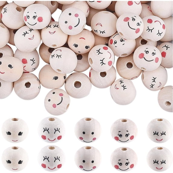 100PCS 5 Styles Face Wooden Beads 20MM Large Round Natural Large Bulk Face Head Beads Spacer 5MM Hole Ball for Jewelry Making DIY Craft Christmas Garland Project Festival