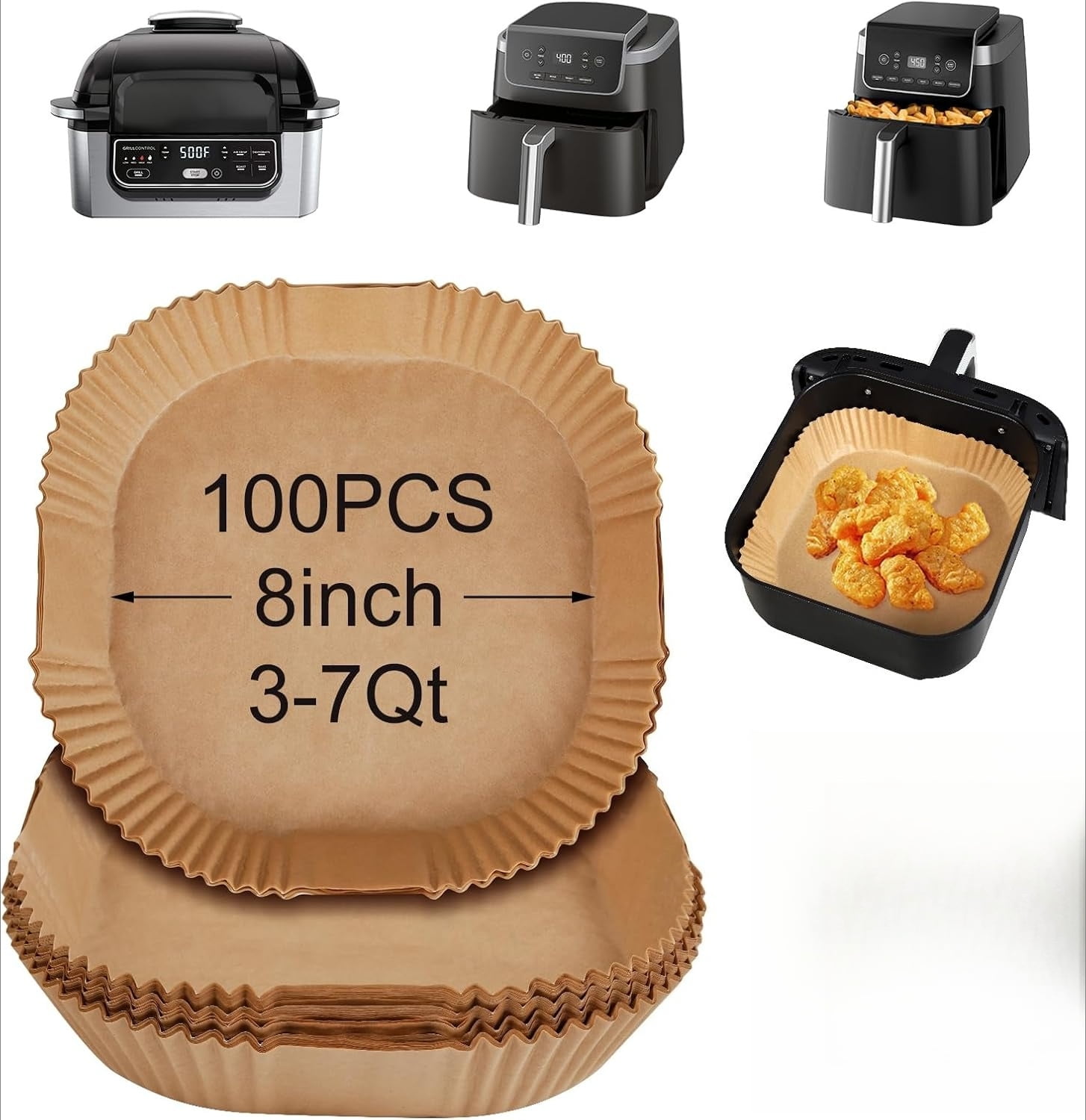 100PCS 7.9 Inch Disposable Air Fryer Liners - Non-Stick Paper Liners for 4-8QT Air Fryers, Ovens & Microwaves