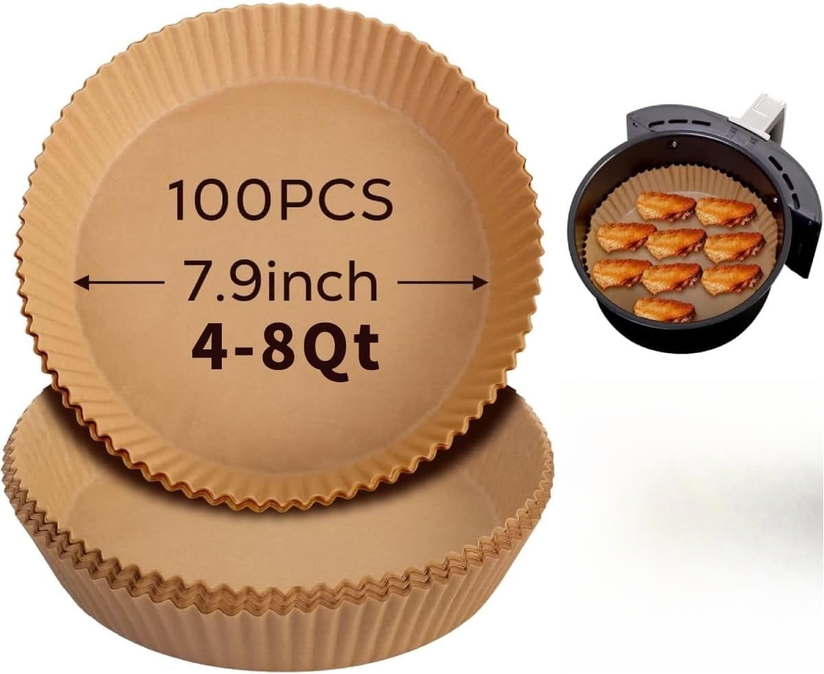 100PCS 7.9 Inch Disposable Air Fryer Liners - Non-Stick Paper Liners for 4-8QT Air Fryers, Ovens & Microwaves
