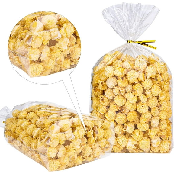 100PCS 7.9" x 2.4" x 11.8" Bottom Gusseted Cellophane Bags Flat Bottom Cello Treat Bags Clear Plastic Gift Bags with 4" Gold Twist Ties for Gift Wrapping And Decorations