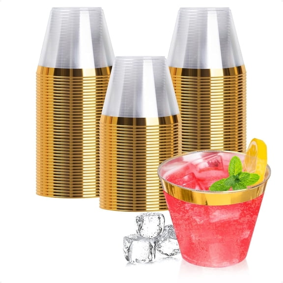 100PCS 9oz Gold Plastic Cups for Party, Disposable Gold Rim Cups, Plastic Cocktail Glasses for Wedding Thanksgiving, Christmas, and Parties