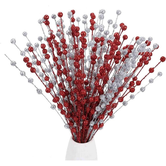 100PCS Artificial Glitter Berry Stem Ornaments Artificial Berry Stem Picks Red and Silver Berries Branch Sprays for Home Decor DIY Crafts