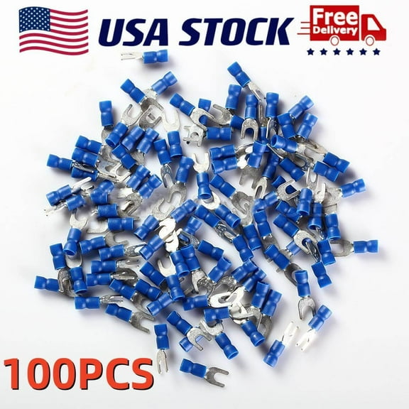 100PCS BLUE FORK SPADE TERMINAL VINYL INSULATED CRIMP WIRE CONNECTOR 16-14GA