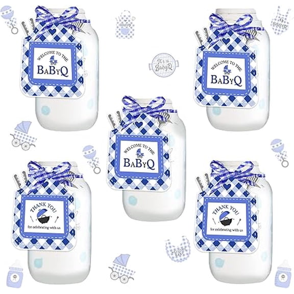 100PCS Baby Q Thank You Favor Tags, BBQ Themed Baby Shower Party Decorations Blue, Barbecue Gift Tags for Baby Q Shower Decorations Boy