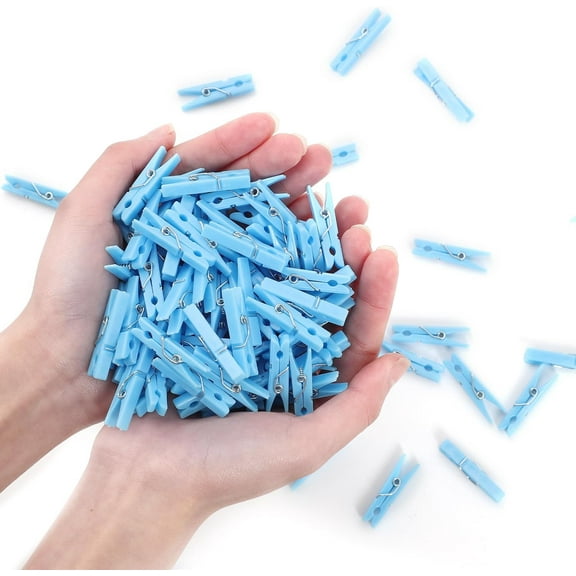 100PCS Baby Shower Clothespins Games Boy Plastic Clothes Pin with Storage Bag Mini Blue Pin Bulk 1.37 inch for Party Decorations, DIY Crafts