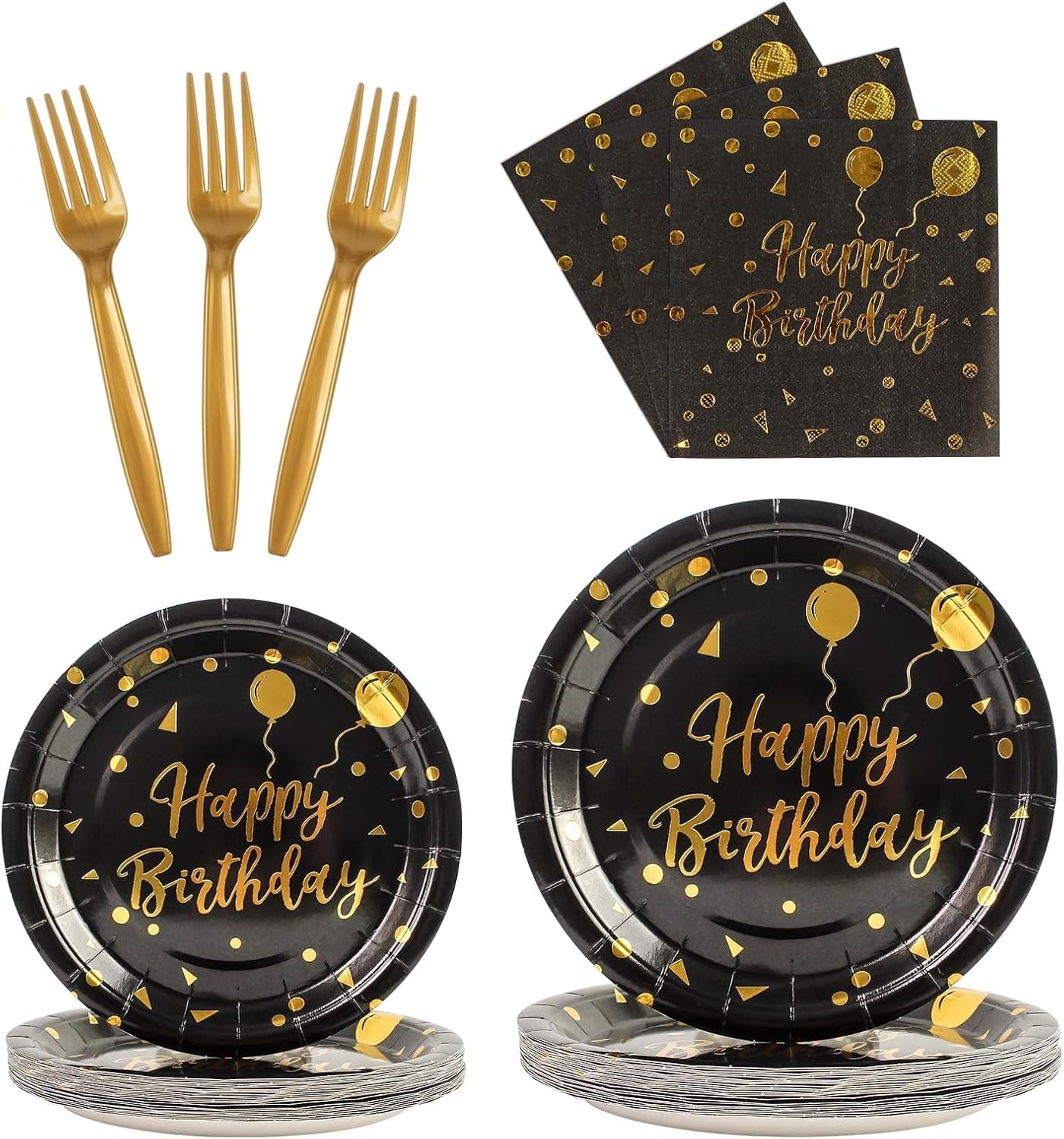 100PCS Birthday Party Supplies Black and Gold Tableware Set Serves 25, Happy Birthday Paper Plates with Napkins and Plastic Forks for Men Women Kids Birthday Party Decorations