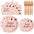 thumbnail image 1 of 100PCS Birthday Party Supplies Pink and Rose Gold Tableware Set Serves 25, Happy Birthday Paper Plates with Napkins and Plastic Forks for Men Women Kids Birthday Party Decorations, 1 of 7