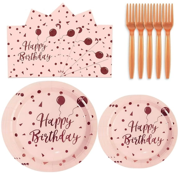 100PCS Birthday Party Supplies Pink and Rose Gold Tableware Set Serves 25, Happy Birthday Paper Plates with Napkins and Plastic Forks for Men Women Kids Birthday Party Decorations