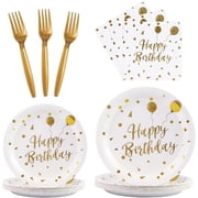 100PCS Birthday Party Supplies White and Gold Tableware Set Serves 25, Happy Birthday Paper Plates with Napkins and Plastic Forks for Men Women Kids Birthday Party Decorations