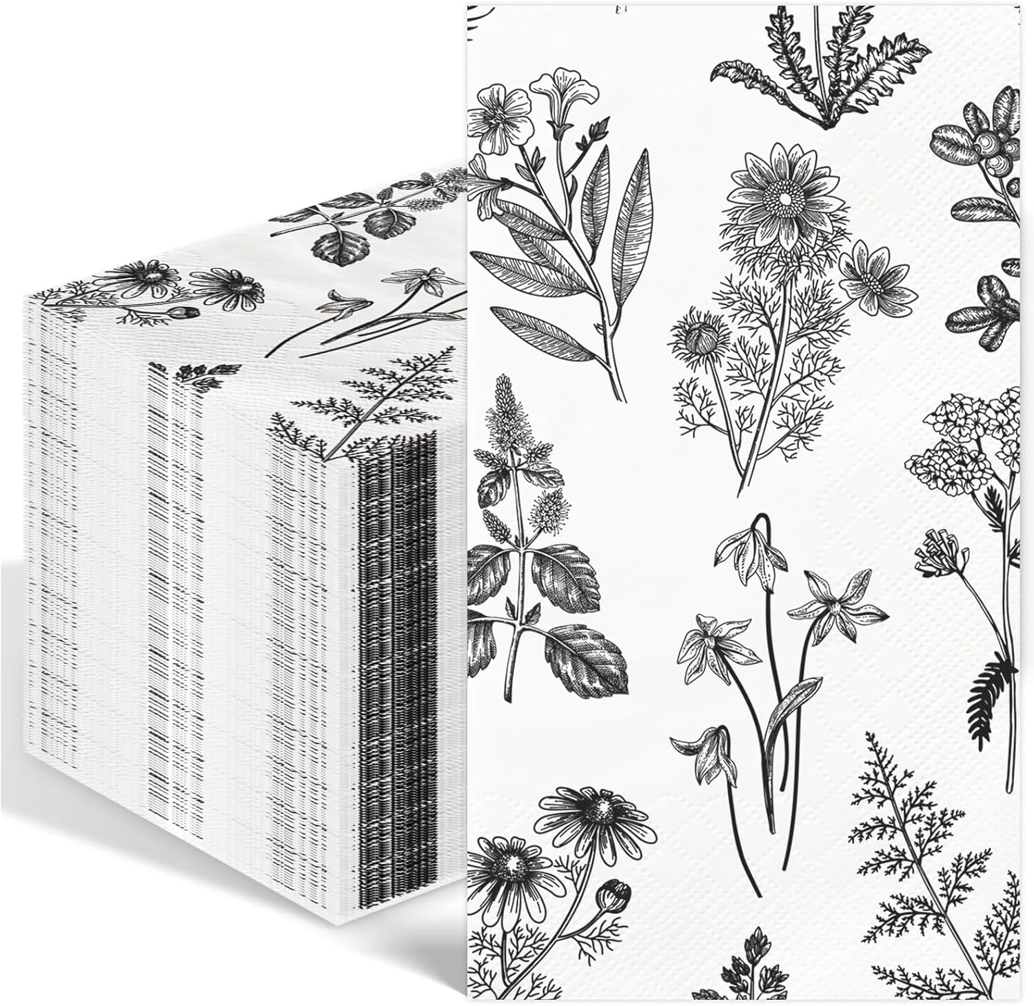 100PCS Black Floral Paper Napkins 3 Ply Disposable Hand Towels for Bathroom Vintage Wildflower Guest Napkins Black and White Wild Flower Dinner Napkins for Wedding Birthday Spring Summer Party