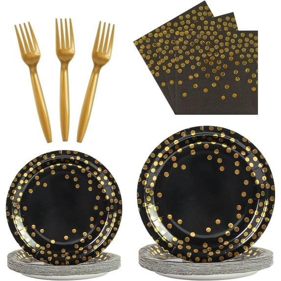 100PCS Black and Gold Party Supplies Dots Tableware Set Serves 25, Gold Dots Black Paper Plates with Napkins and Plastic Forks for Birthday Wedding Christmas Cocktail Party Baby Shower