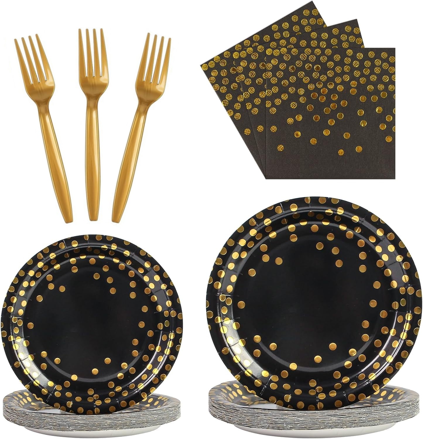 100PCS Black and Gold Party Supplies Dots Tableware Set Serves 25