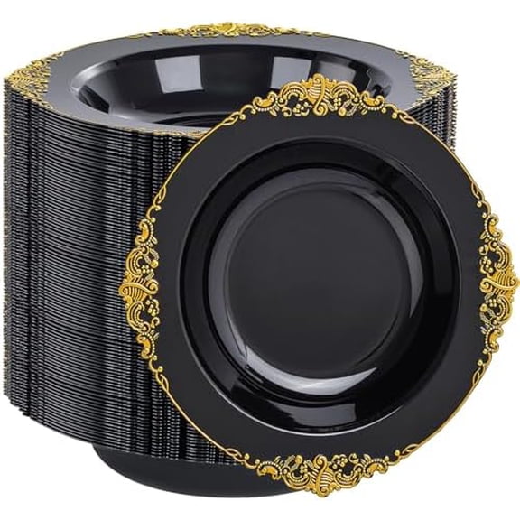100PCS Black Plastic Bowls - 12 oz Black Gold Disposable Salad Bowls - Heavy Duty Soup Serving Bowl - Fancy Plastic Candy Bowl for Weddings, Parties, Dinners, Catering, Picnics, Party