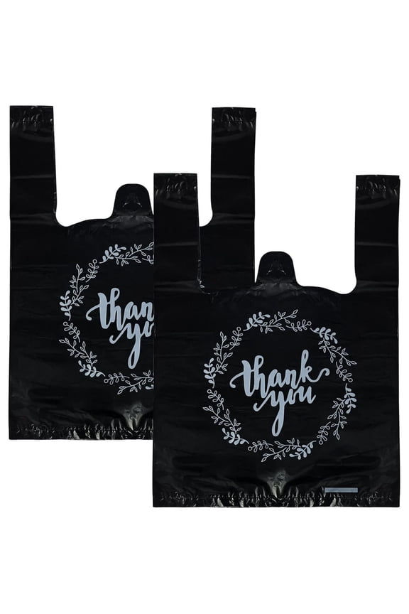 100PCS Black Thank You T-Shirt Bags Plastic Bulk Shopping Restaurant Bags 8.7 x 4.1 x 11.6