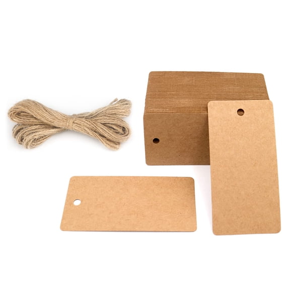 100PCS Blank Gift Tags,3.5” x 1.7” White Kraft Paper Gift Tag with String, Rectangle Hanging Tags for Arts and Crafts Wedding Holiday, Teachers Day,Party Favors