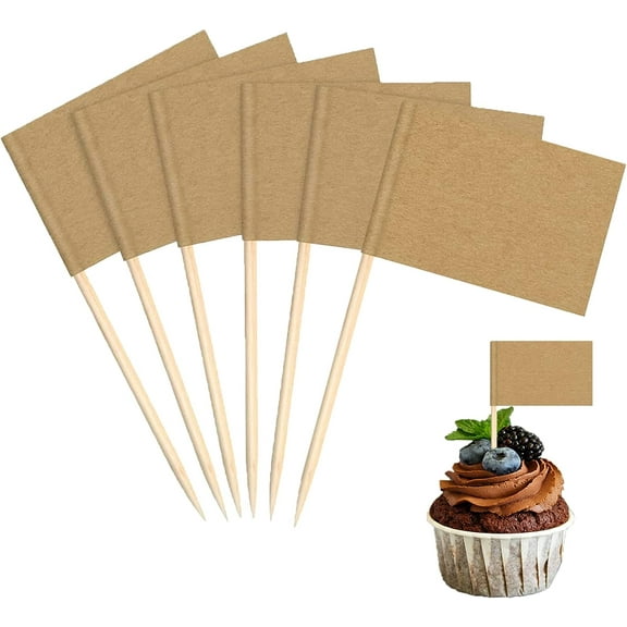 100PCS Blank Toothpick Flags Food Labels - Cocktail Sticks for Food Cake Markers Flags Cocktail Sticks Cupcake Toppers for Party Wedding Fruit Cheese Plate Food Kraft Paper
