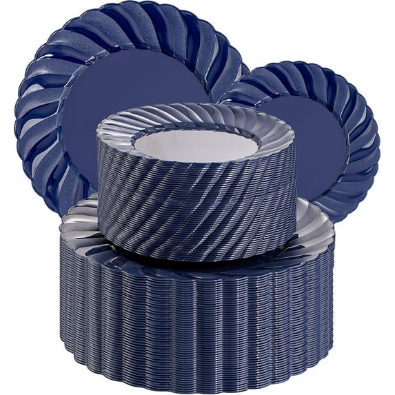 100PCS Blue Disposable Plates - Heavy Duty Blue Plastic Plates for Party/Wedding - Include 50PCS 9inch Blue Dinner Plates and 50PCS 6.5inch Blue Dessert/Salad Plates