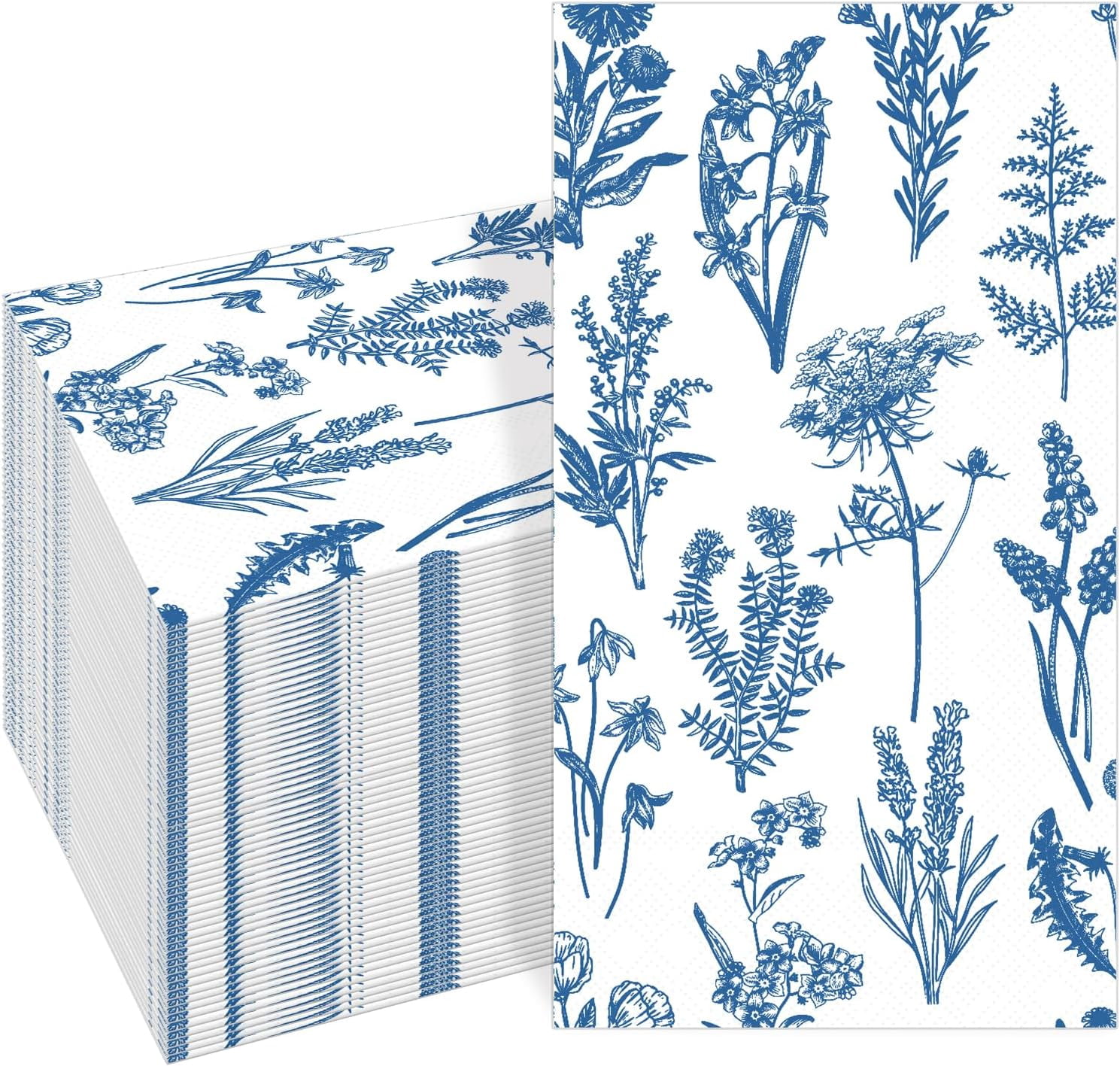 100PCS Blue Floral Napkins Disposable,Blue Chinoiserie Florals 3-Ply Paper Napkins Decorative Flower Guest Hand Towels for Bathroom Home Wedding Bridal Shower Birthday Party Napkins