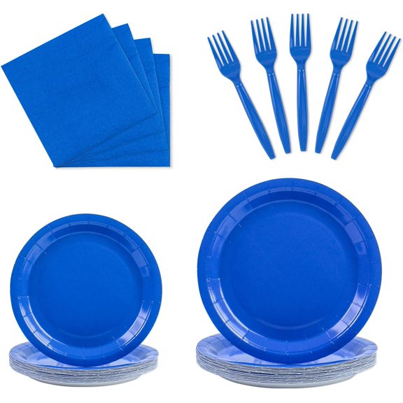 100PCS Blue Paper Plates Disposable Party Tableware Set Includes 7in & 9in Paper Plates Napkins and Forks Party Decoration Supplies for Birthday Graduation Wedding and Holiday, Serve 25