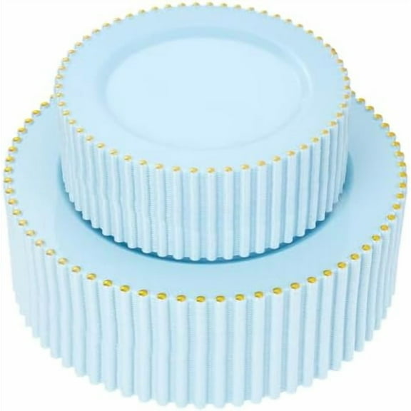 100PCS Blue Plastic Plates with Gold Beads - Disposable Heavy Duty Elegant Light Blue Plastic Plates Set Include 50 Dinner Plate and 50 Dessert Plate Perfect for Wedding, Birthday & Party