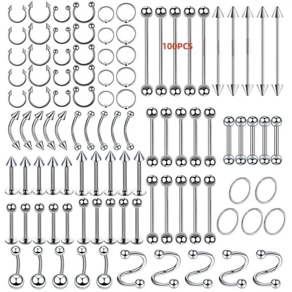 100PCS Body Piercing Kit, 316L Stainless Steel Piercing Jewelry Set with Piercing Needles, Clamps, Gloves and 10PCS Alcohol Pads for Nose, Lip, Navel, Ear