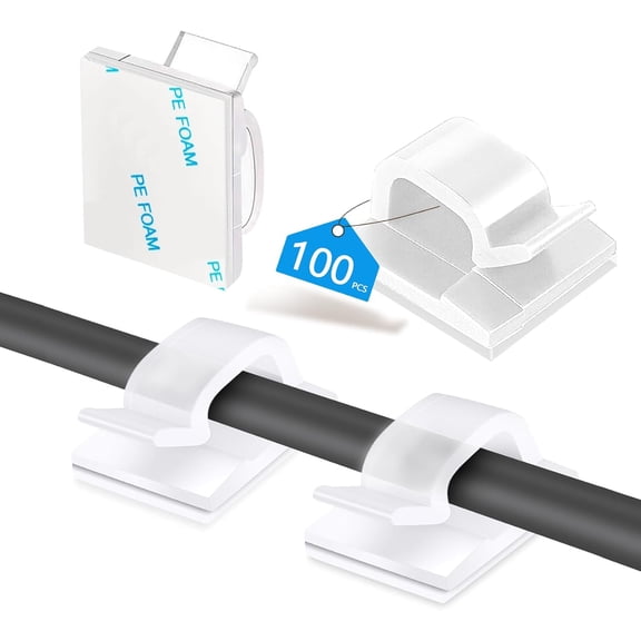 100PCS Cable Clips, Adhesive Wire Clips Organizer Cord Clips Management, Cable Staples Outdoor Strong for Wall, Desk, Christmas Lights, String Lights, TV PC Ethernet Cable, Clear Small