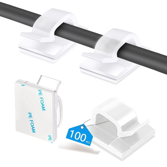 100PCS Cable Clips, Adhesive Wire Clips Organizer Cord Clips Management, Cable Staples Outdoor Strong for Wall, Desk, Christmas Lights, String Lights, TV PC Ethernet Cable, Clear Small