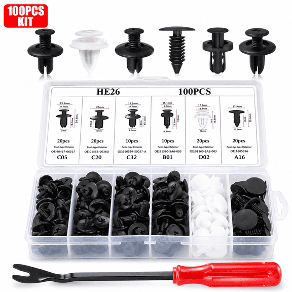 100PCS Car Push Type Retainer Clips Kit, Automotive Bumper Fasteners Rivets Set with Removal Tool, Universal Plastic Trim Panel Clips for Door Fender Engine Cover