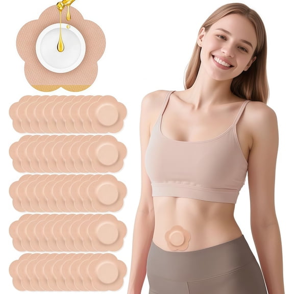 100PCS Castor Oil Patches, Castor Oil Pack Wraps Disposable Organic Cotton Self-Adhesive Pads for Belly Button, Anti Leakage Design, Breathable & Portable, No Wash (Beige)