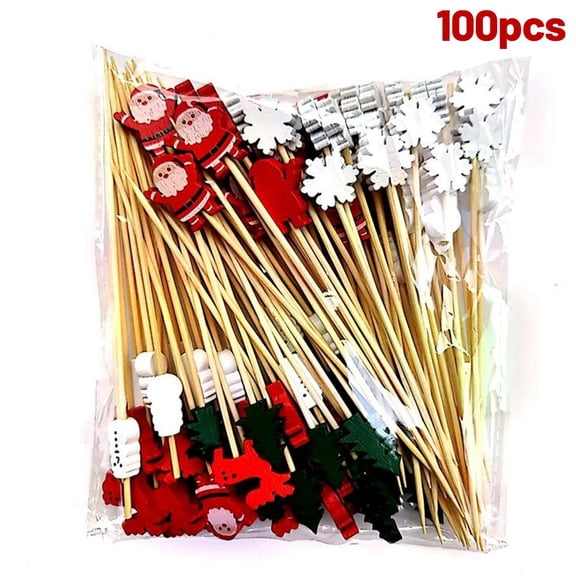 100PCS Christmas Cocktail Sticks,Handmade Wooden Cocktail Skewers with Christmas Tree Ornament,C-ocktail Decorations for Drinks,Food Fruit Skewers,C-hristmas Party Decoration Supplies
