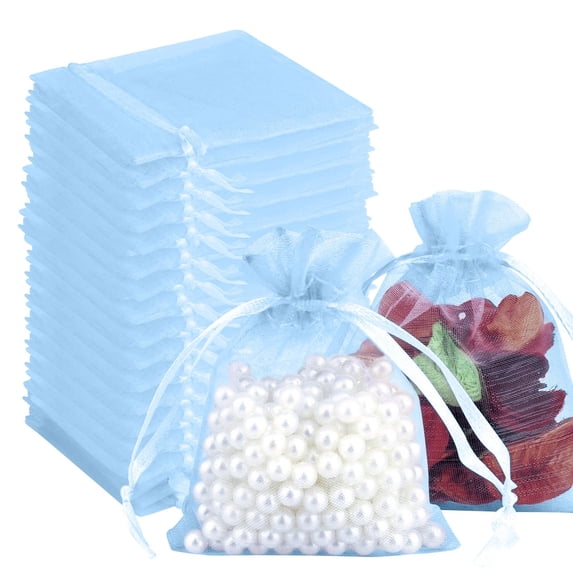 100PCS Christmas Organza Bags 2.75"x3.54" - Mesh Drawstring Gift Bags Sheer Goodie Wrap Pouch for Jewelry Soap Sachet Candy Treat, Party Favor Bags for Wedding Halloween Christmas,Sky Blue