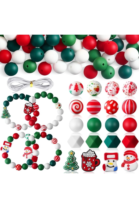 100PCS Christmas Silicone Focal Beads Bulk 15mm Xmas Christmas Silicone Beads Set for DIY Crafts Keychain & Bracelet Making Kit