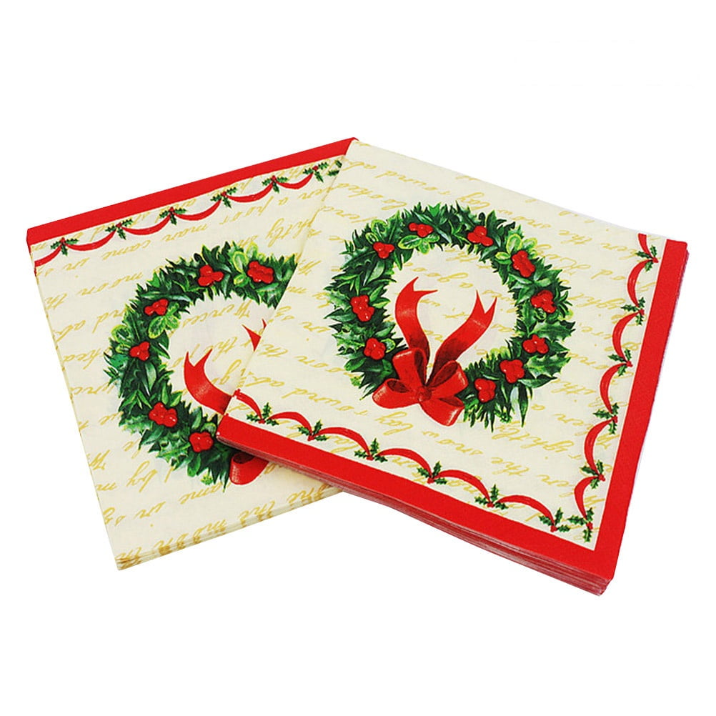 100PCS Christmas Wreath Printed Napkins Disposable Tissue Wood Pulp