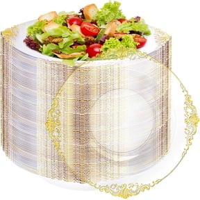 100PCS Clear Gold Plastic Bowls - 12 oz Clear Disposable Salad Bowls - Heavy Duty Disposable Soup Bowl - Fancy Plastic Ice Cream Bowl for Weddings, Parties, Dinners, Picnics,