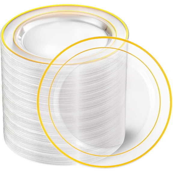 100PCS Clear Gold Plastic Plates, Clear Dinner Plates with Gold Rim 10 Inch, Fancy Disposable Wedding Premium Plastic Plates for Wedding Birthdays Party Dinner St. Patricks Day